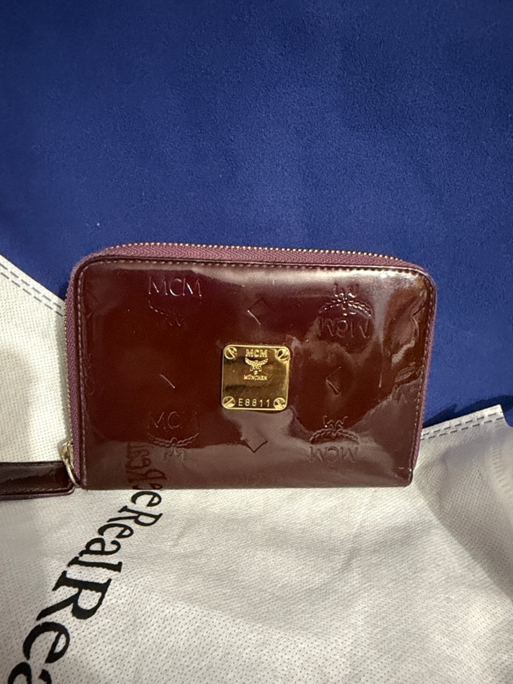 MCM Glossy Burgundy Patent Leather Zip Card Wallet with Gold Plate